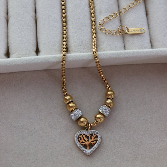 Jewelry - Tree of Life Heart with Rhinestone Pendant Style Round Cable Chain Necklace